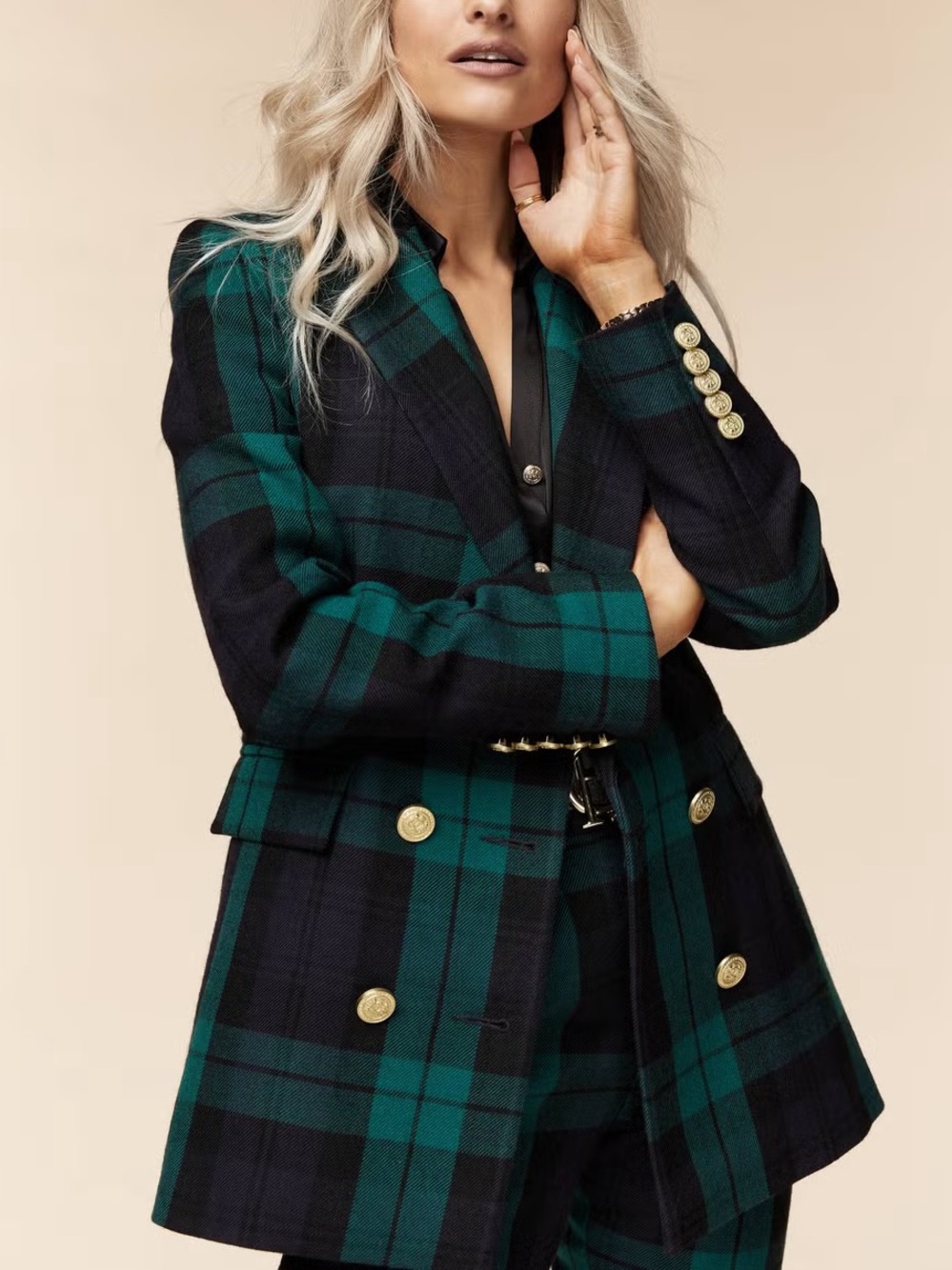 Holland Cooper IN THE FROW Green & Navy Plaid Double-Breasted Blazer